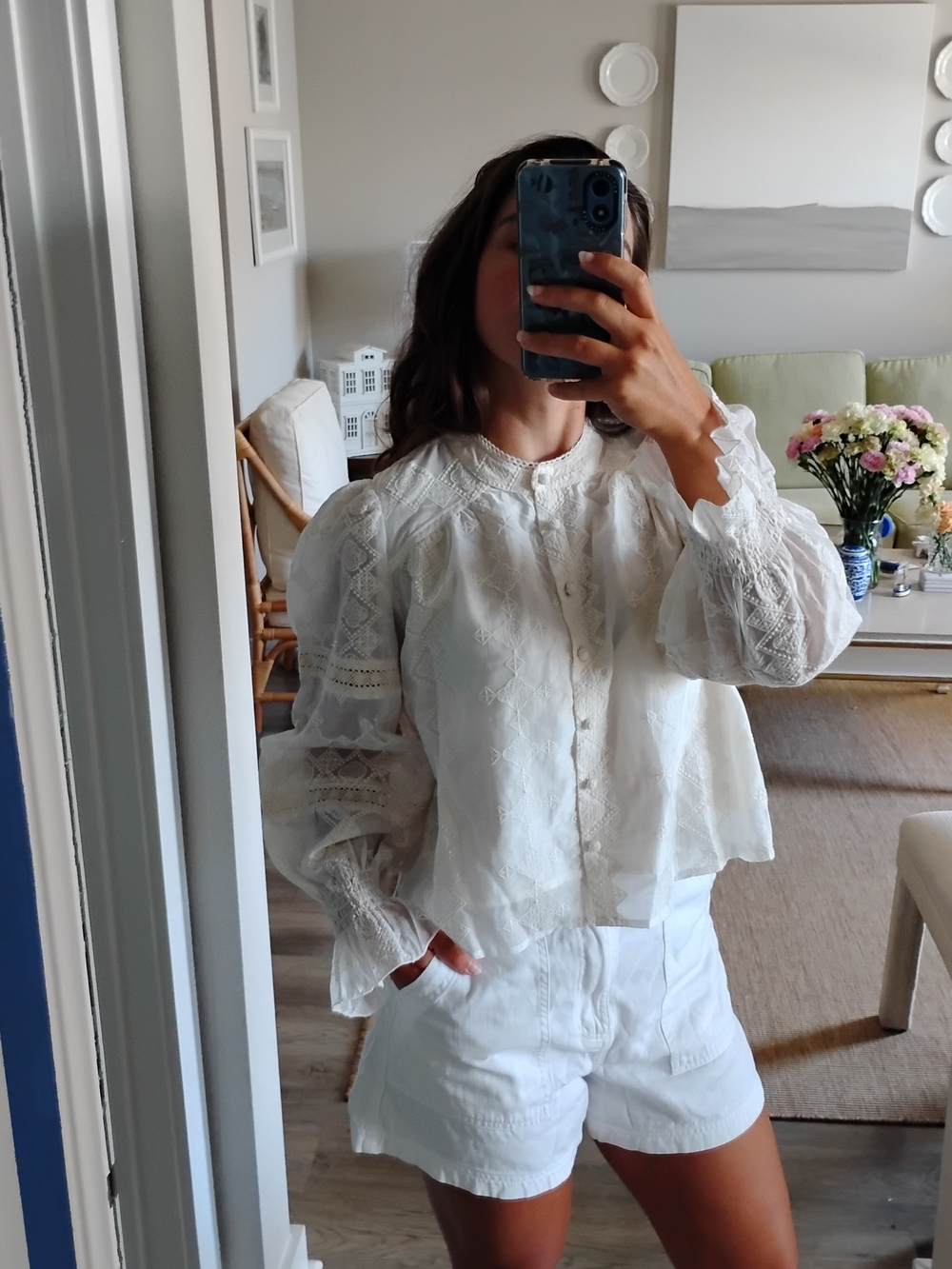 Caroline Constas White Lace Button-Front Blouse